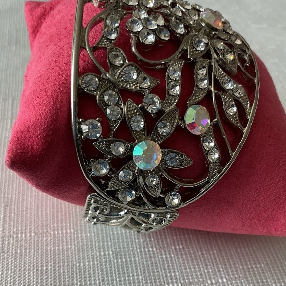 Floral Rhinestone Silver Tone Cuff - Picture 2 of 4